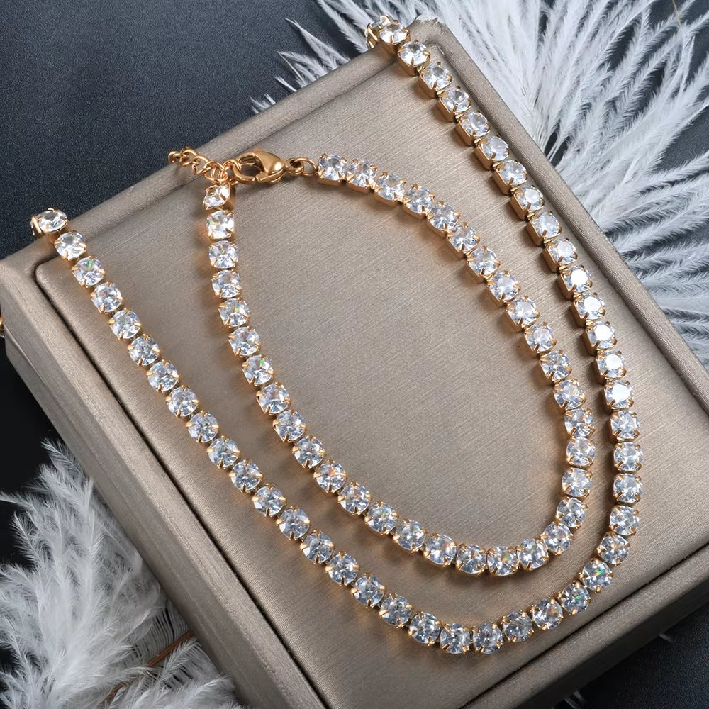 Fashion High Quality Stainless Steel Cubic Zirconia Collar Necklace Rhinestone Bracelet Woman Trendy Jewelry Set Gift Wholesale