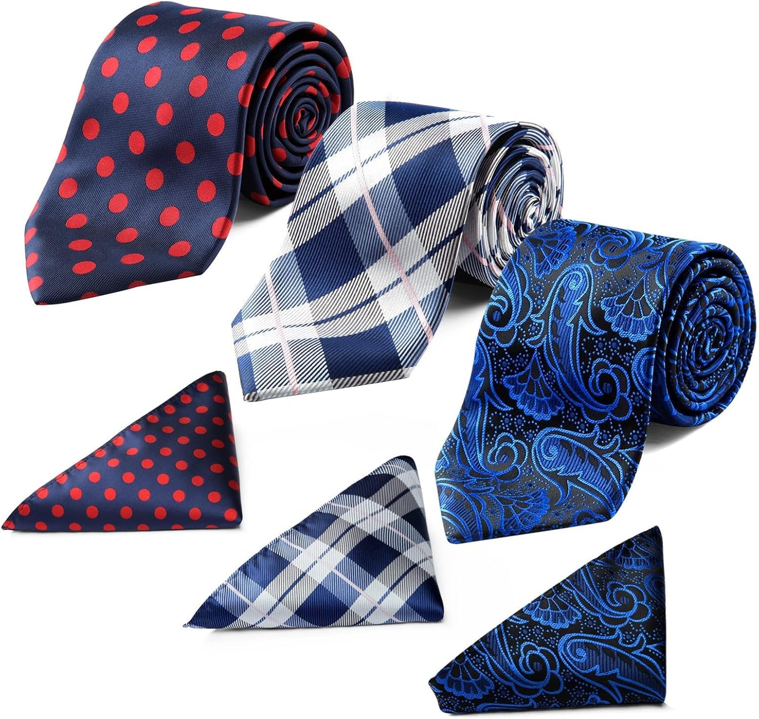 Mens Ties and Pocket Square Set Business Elegant Ties for Men Classic Lot 3 Pcs Wedding Party Neckties & Handkerchief
