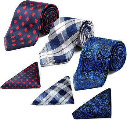 Mens Ties and Pocket Square Set Business Elegant Ties for Men Classic Lot 3 Pcs Wedding Party Neckties & Handkerchief