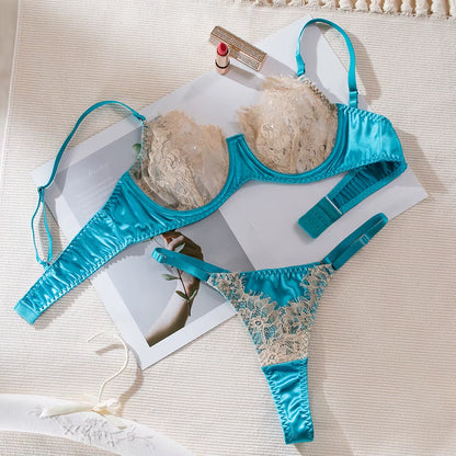 2-Piece Contrast Colors Lace Lingerie Set Women Transparent Underwear Set Bra Brief Kit Intimates