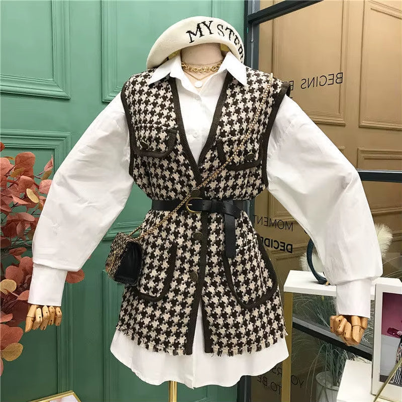Small Fragrance Vintage 2 Pcs Women Set Turn down Collar Long Sleeve Shirt + V Neck Sleeveless Plaid Vest Spring Suit