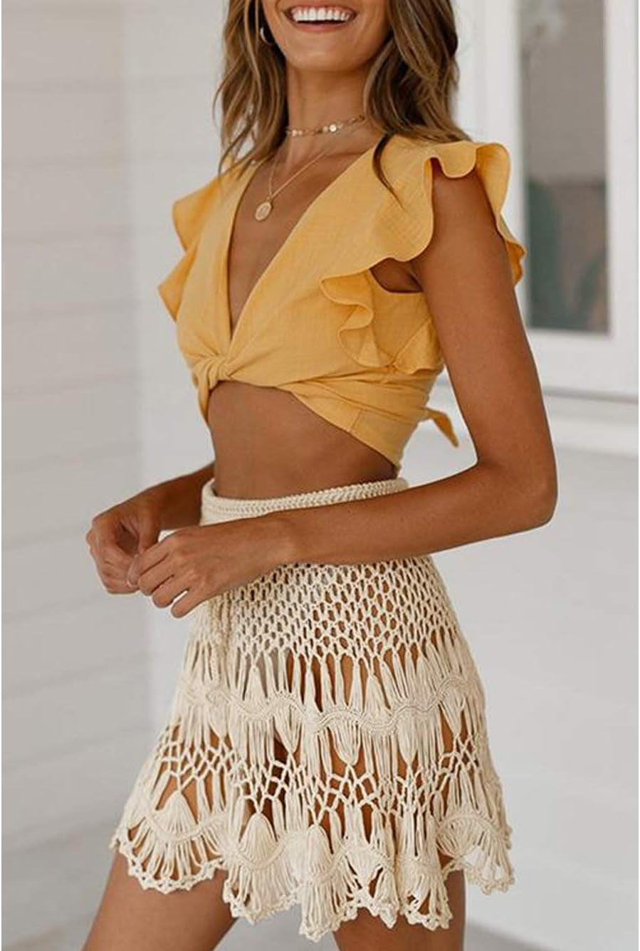 Crochet Cover up Skirt, See through Sexy Cover Ups for Swimwear Women, Net High Waist Coverup Beige Large