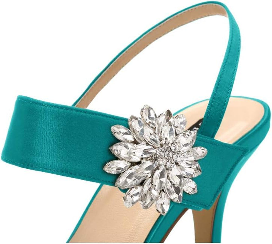 Mid Heel Shoes for Women Pointed Toe Slingback Rhinestone Brooch Satin Dress Pumps Evening Prom Wedding Shoes
