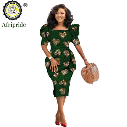 African Ankara Dresses for Women Dashiki Dress Bodycon Dress Print Wax Batik Short Sleeve Party Midi Dress for Lady S2025060