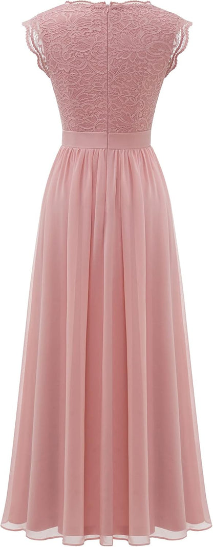 Women'S V Neck Sleeveless Lace Bridesmaid Dress Wedding Party Gown