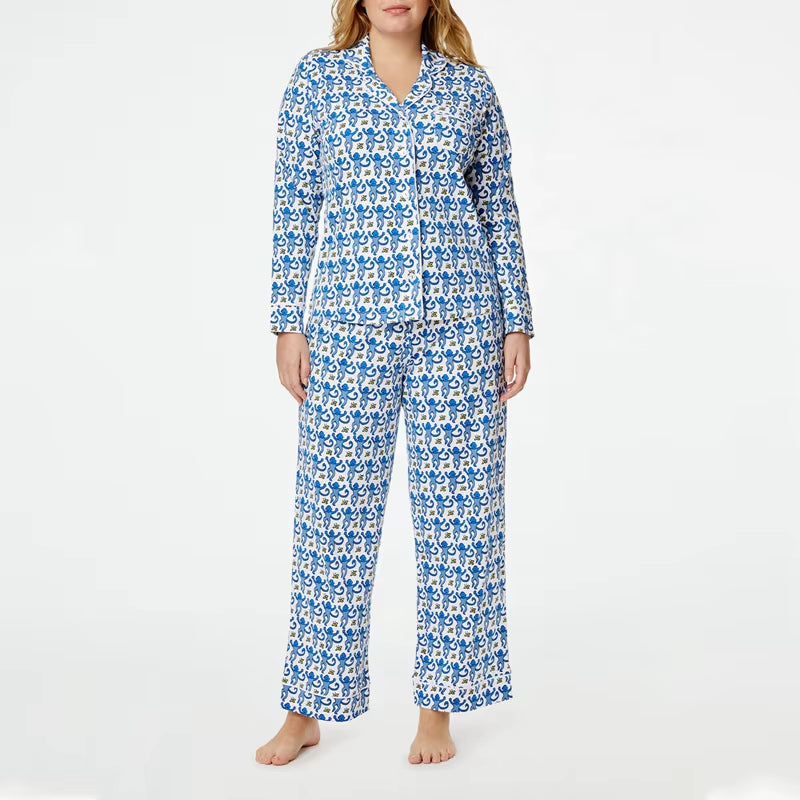 Cartoon Monkey Long Sleeves Blouse Shirt + Elastic Pants Women 2 Piece Pajama Set for Loungewear Comfy Sleepwear Vintage Outfits