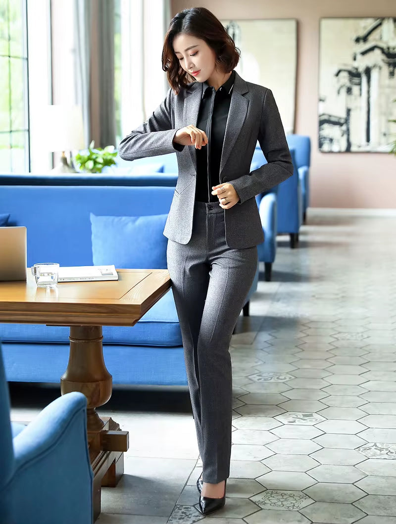 Two Piece Set Women Business Suits Black and Grey Elegant Office Lady Work Formal Pants Suits Female Autumn Winter Clothes 2023