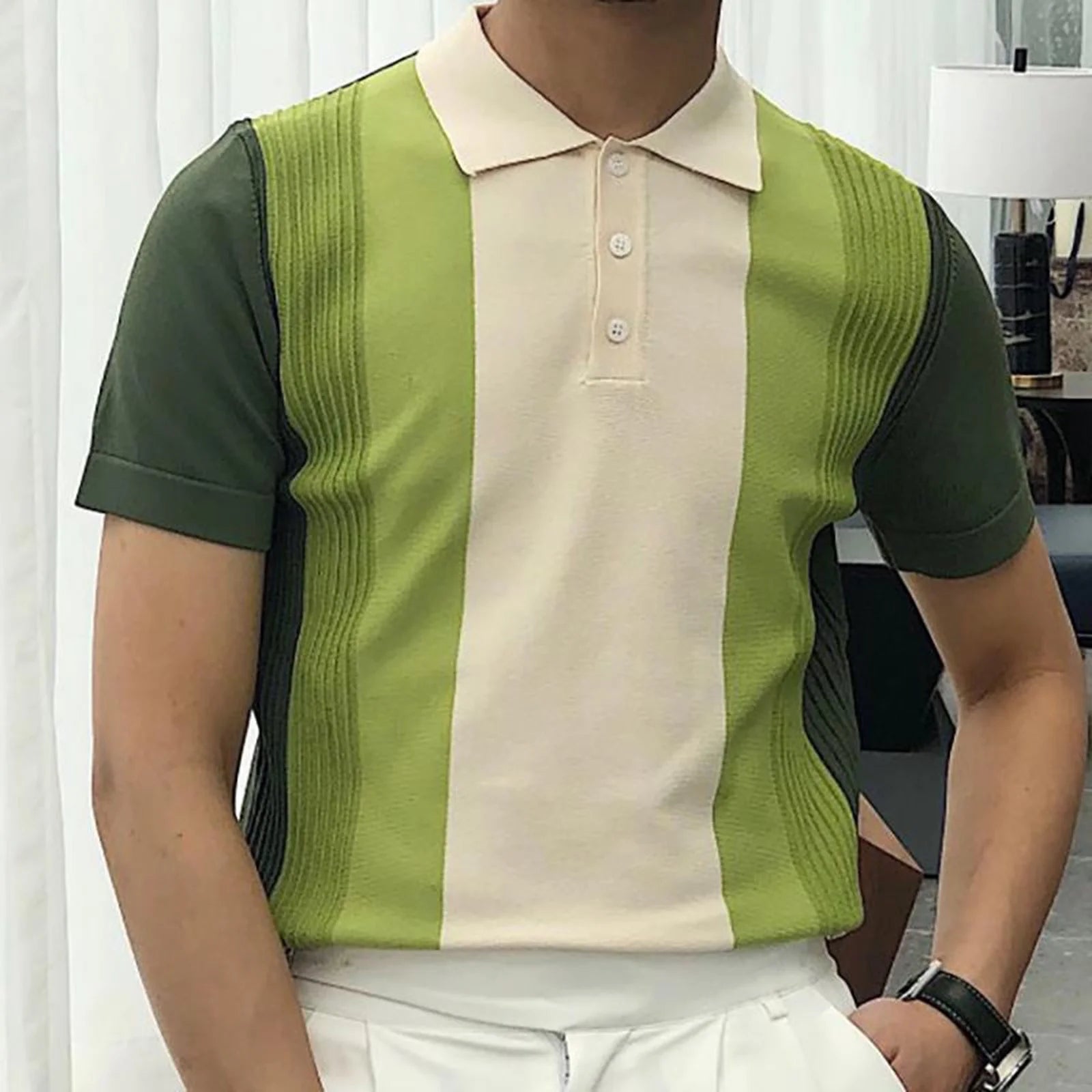 Men'S Short Sleeve Shirt Knit Striped Lapel Shirt Tops
