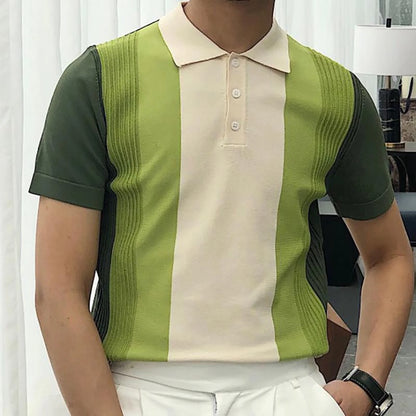 Men'S Short Sleeve Shirt Knit Striped Lapel Shirt Tops