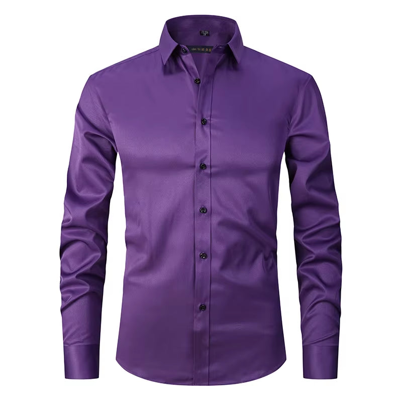 Men'S Purple Bamboo Fiber Dress Shirts Brand Long Sleeve Shirt Solid Slim Fit Casual Formal Non Iron Work Shirt Camisa Masculina