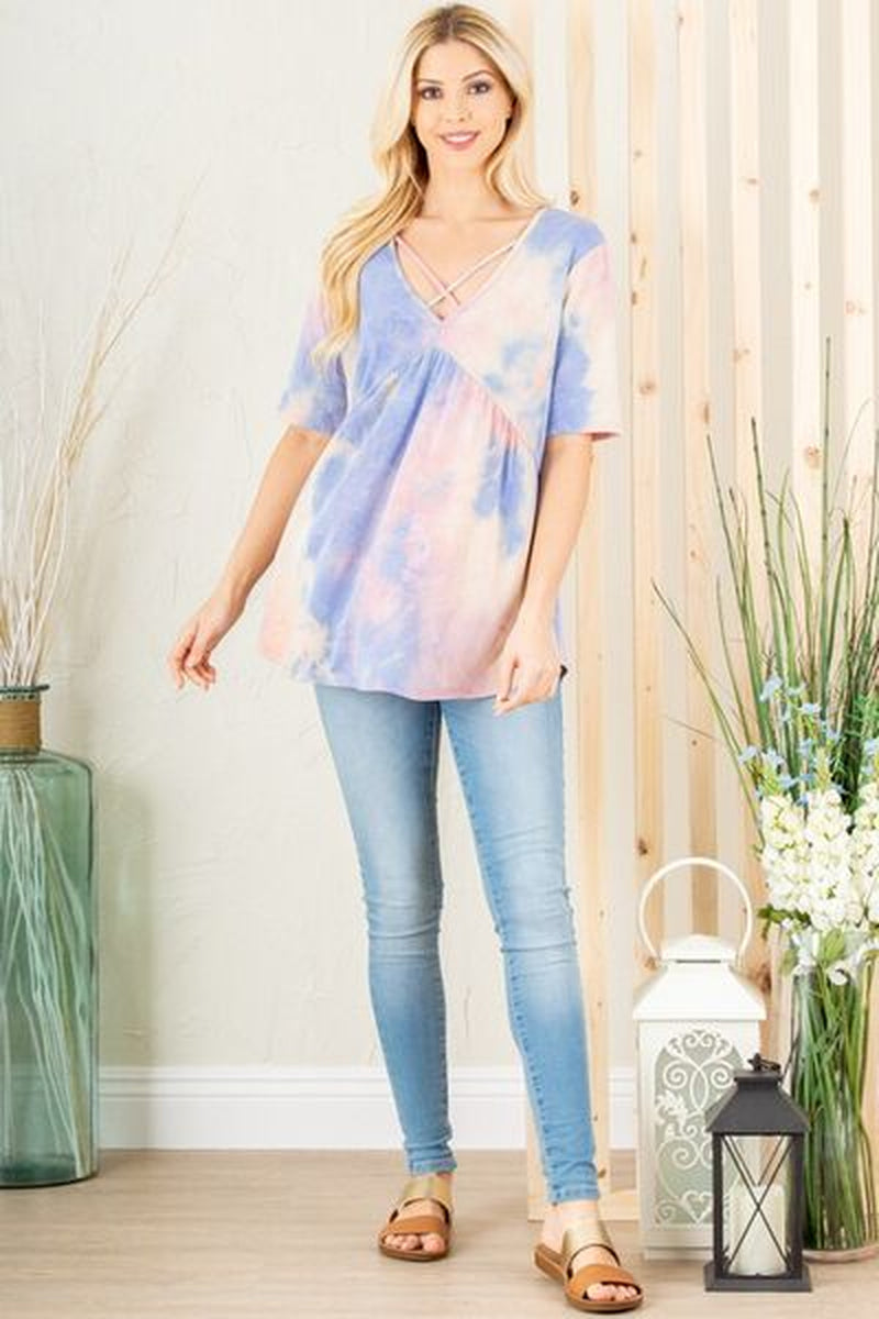 Heimish Full Size Crisscross Tie Dye Babydoll Top plus Size