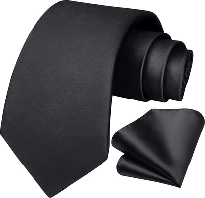 Mens Solid Color Ties Formal Satin Necktie and Pocket Square Set Classic Wedding Business Tie & Handkerchief