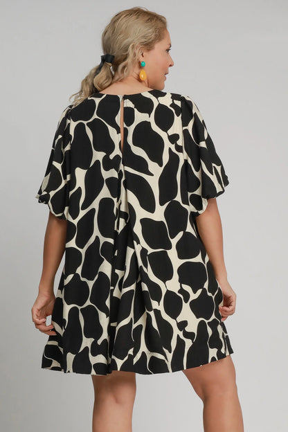 Umgee Full Size Two Tone Abstract Print Puff Sleeve Dress plus Size