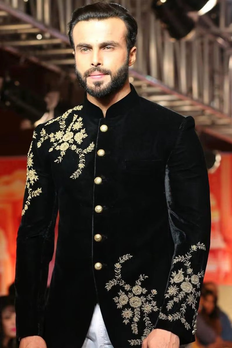 Black Men Suit Luxury Gold Applique Beads Single-Breasted Men Suit Tailored Suit Fit Slim Formal Men Coat Custom Made