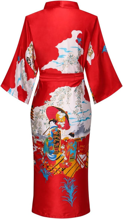 Women Long Silky Bathrobe Satin Kimono Robe Floral Printed Dressing Gown Sleepwear