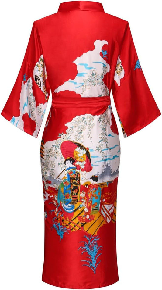 Women Long Silky Bathrobe Satin Kimono Robe Floral Printed Dressing Gown Sleepwear