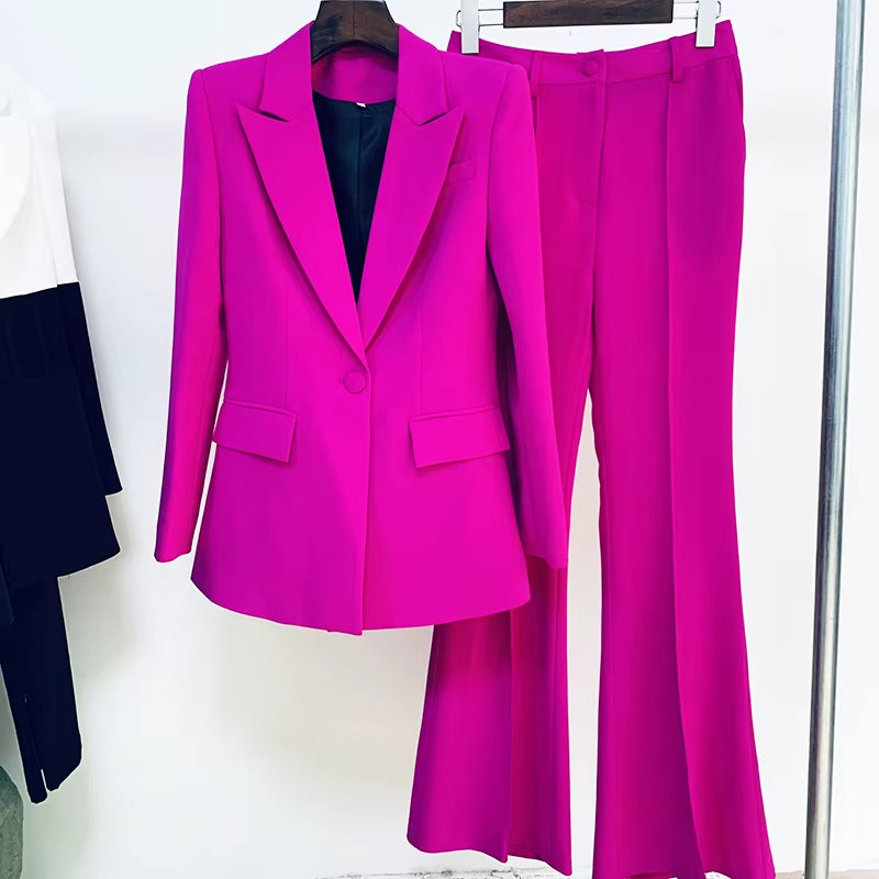 HIGH QUALITY Newest 2025 Runway Designer Suit Set Women'S Single Button Blazer Flare Pants Suit Fluorescent Purple