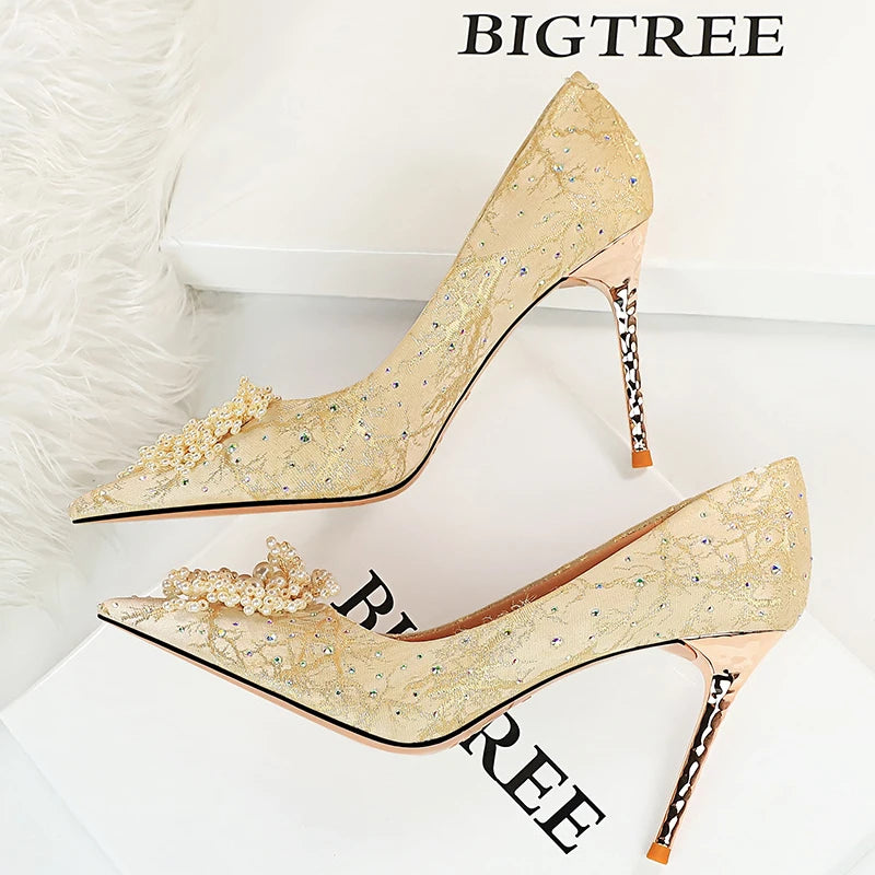 Shoes Pearl Flowers Woman Pumps Rhinestone High Heels 2025 New Luxurious Women Heels Stiletto Large Size Ladies Pumps