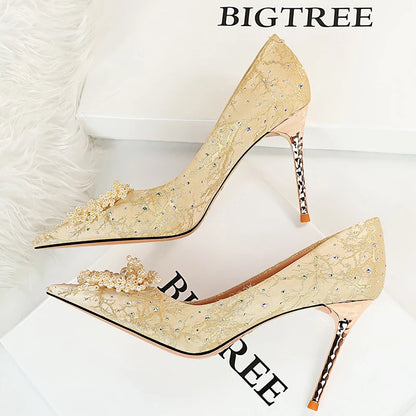 Shoes Pearl Flowers Woman Pumps Rhinestone High Heels 2025 New Luxurious Women Heels Stiletto Large Size Ladies Pumps