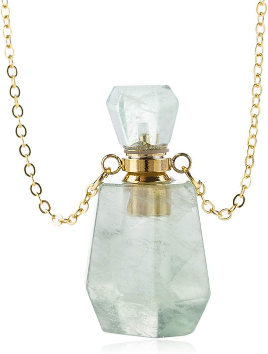 Gemstone Crystal Perfume Bottle Diffuser Necklace - Aromatherapy Essential Oil Travel Locket Pendant Charm Fragrance Carrier Flask Chain