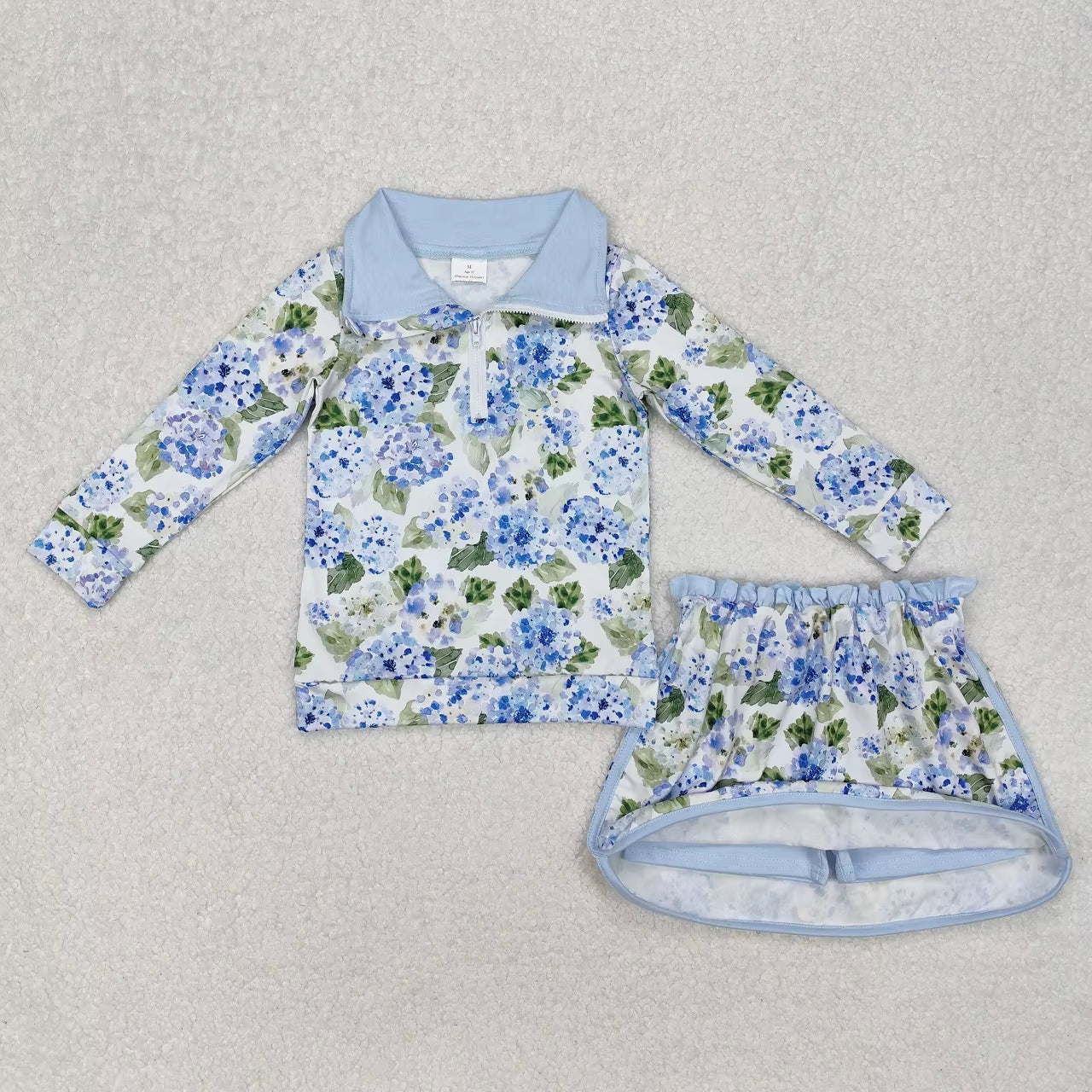 Wholesale Infant Long Sleeves Clothing Blue Flower Shirt Baby Girl Floral Outfit Toddler Skirt Skorts Shorts Children Kids Set