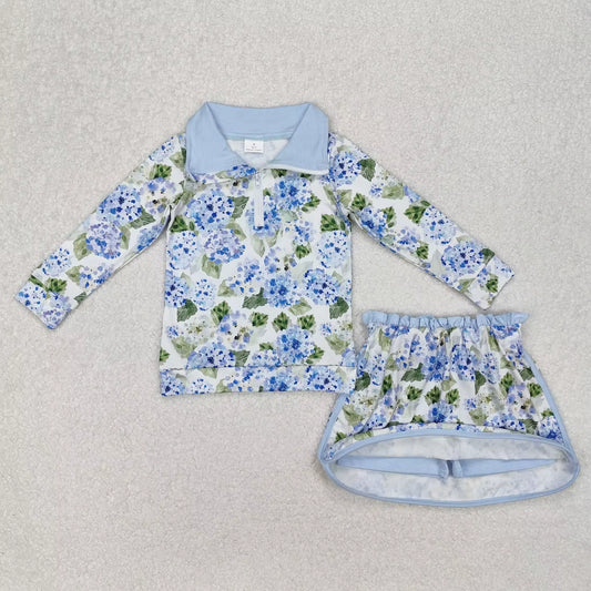 Wholesale Infant Long Sleeves Clothing Blue Flower Shirt Baby Girl Floral Outfit Toddler Skirt Skorts Shorts Children Kids Set