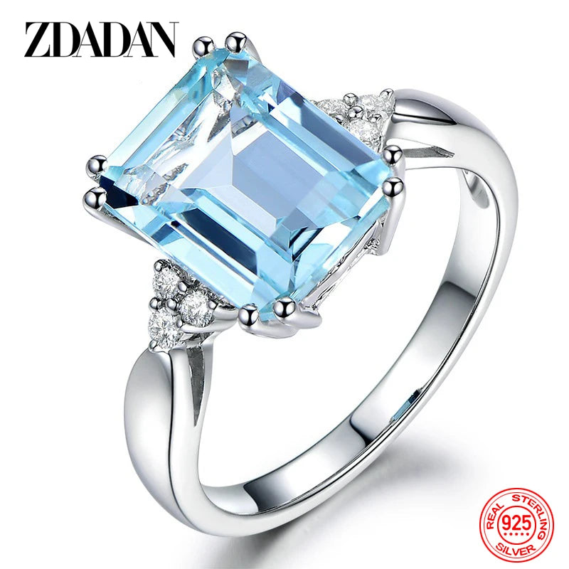 925 Sterling Silver Fashion Aquamarine Gemstone Ring for Women Wedding Party Jewelry Gifts Wholesale
