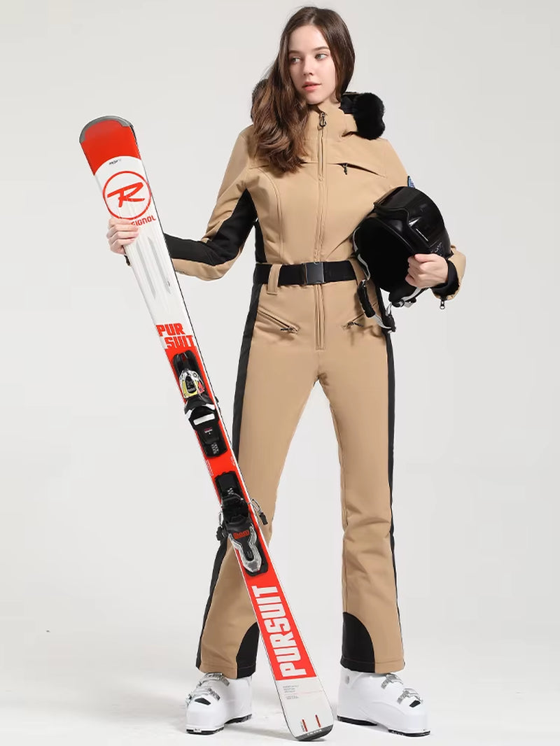 One-Piece Ski Suit Women Thickening Snowboard Female Overalls Winter Windproof Waterproof Breathable Clothing Skiing