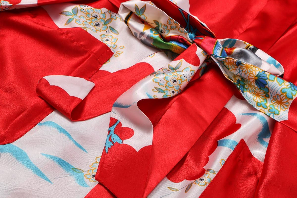 Women Long Silky Bathrobe Satin Kimono Robe Floral Printed Dressing Gown Sleepwear