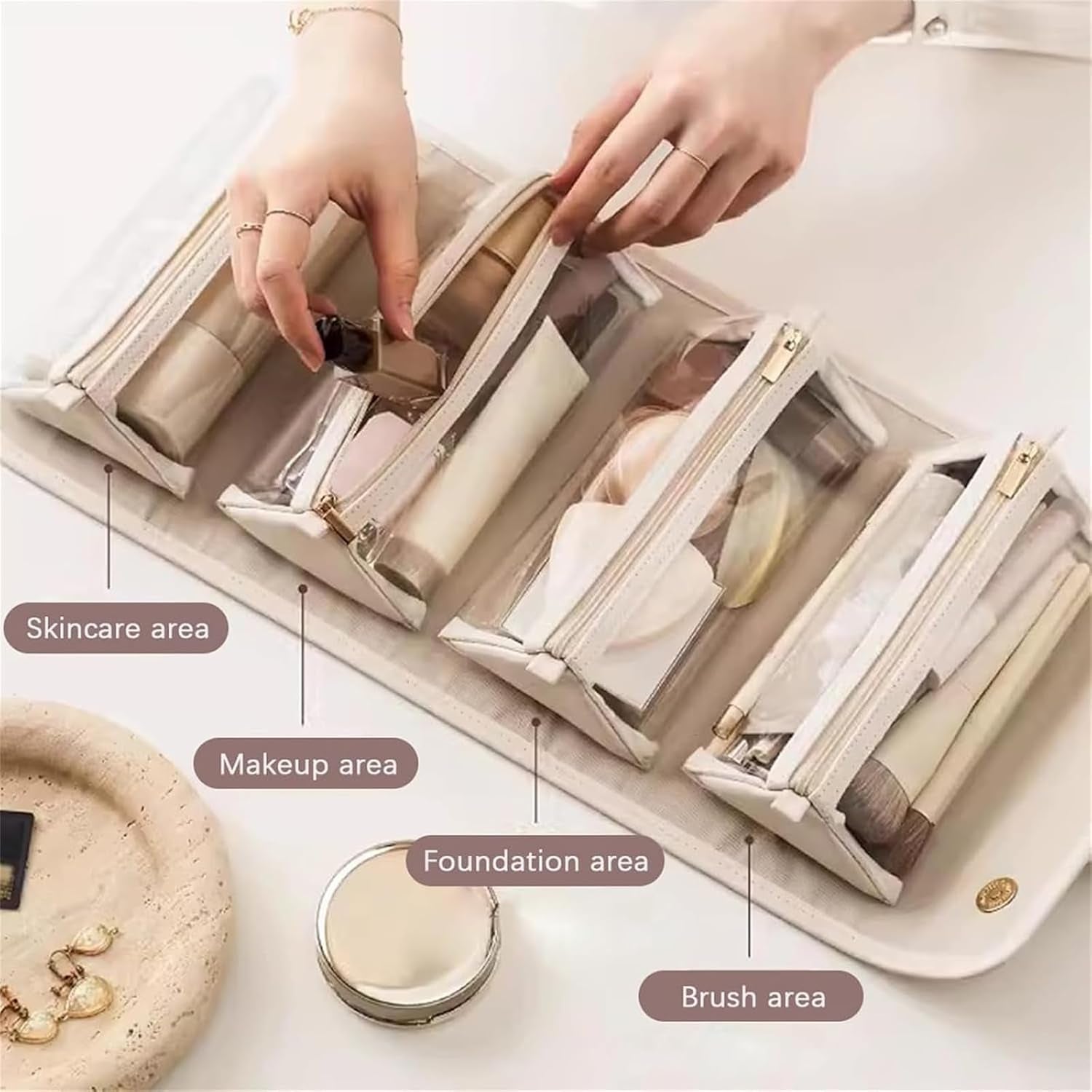 Leather Waterproof Cosmetic Bag, Leather Cosmetic Bag, Leather Waterproof Cosmetic Bag Detachable 4 in 1, Leather Waterproof Rollup Cosmetic Bag with 4 Detachable Clear Compartment-Brown