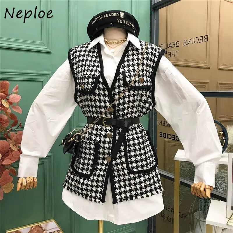 Small Fragrance Vintage 2 Pcs Women Set Turn down Collar Long Sleeve Shirt + V Neck Sleeveless Plaid Vest Spring Suit