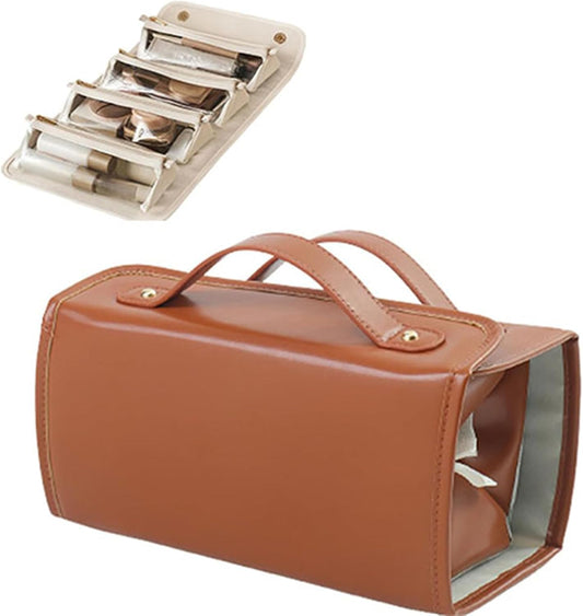 Leather Waterproof Cosmetic Bag, Leather Cosmetic Bag, Leather Waterproof Cosmetic Bag Detachable 4 in 1, Leather Waterproof Rollup Cosmetic Bag with 4 Detachable Clear Compartment-Brown