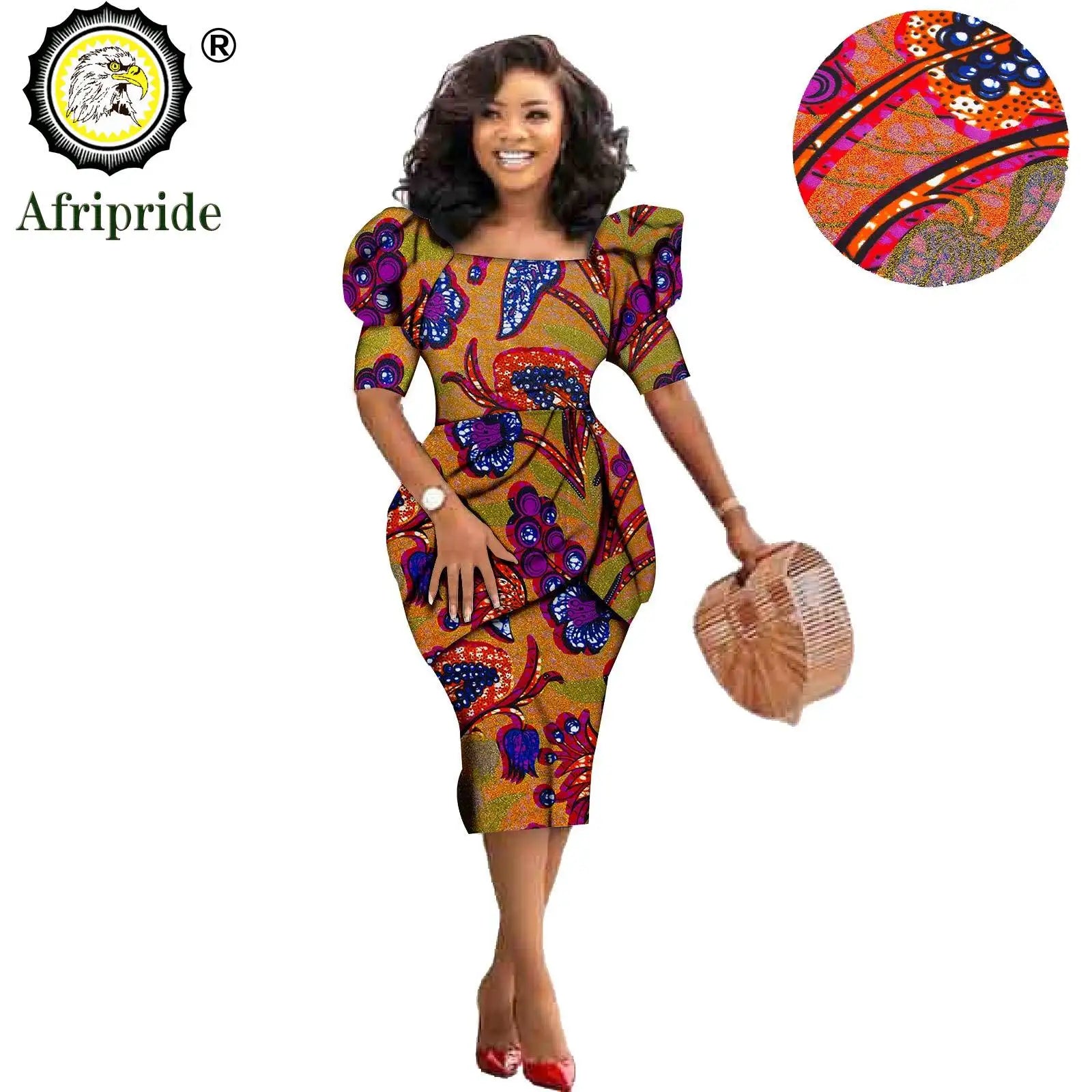 African Ankara Dresses for Women Dashiki Dress Bodycon Dress Print Wax Batik Short Sleeve Party Midi Dress for Lady S2025060
