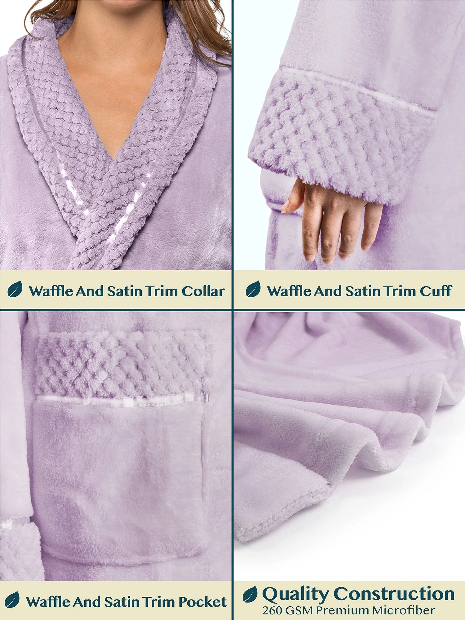 Soft Plush Women Fleece Robe, Lavender Light Purple Cozy Bathrobe, Female Long Spa Robe, Warm Housecoat, Satin Waffle Trim, L/XL