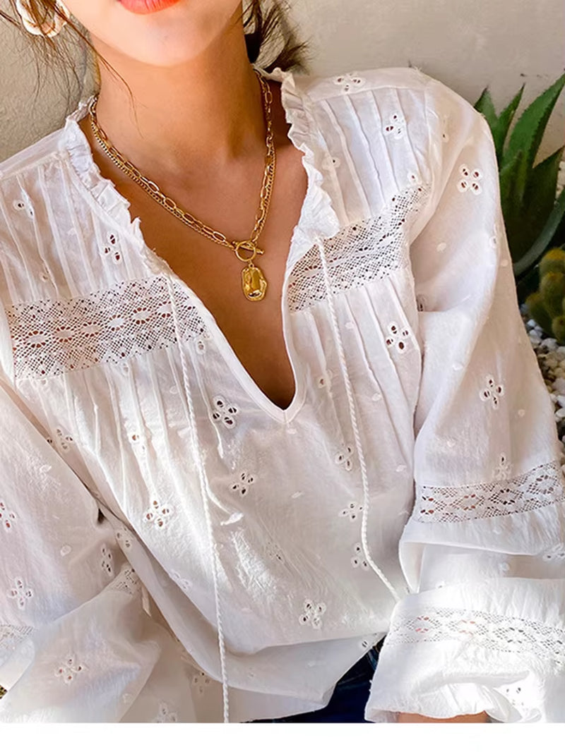 Gypsylady White Casual Chic Blouse Shirt Lace Patchwork Elegant Spring Women Blouse Ruffles Long Sleeve Hollow Out Ladies Top