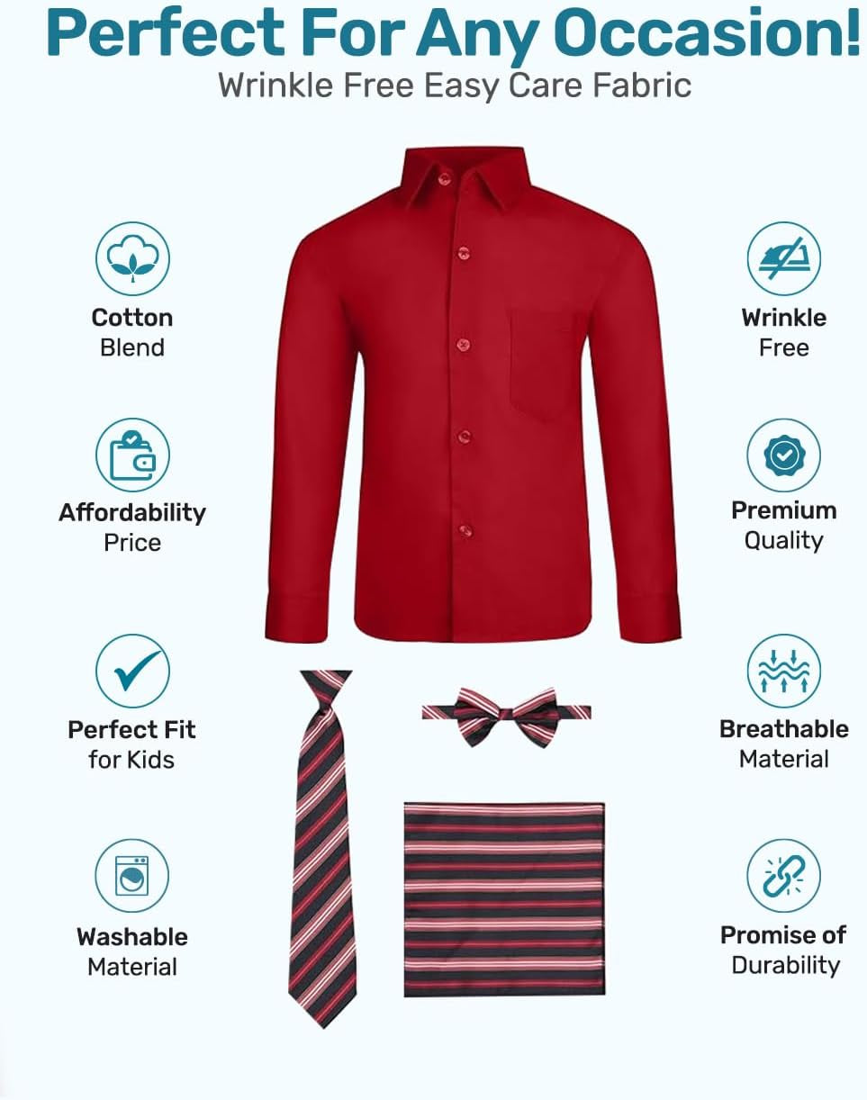 Boy'S 4 Piece Dress Shirt Set with Long Tie, Bow Tie and Hanky