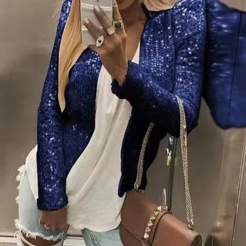 Women Sequin Jackets Glitter Long Sleeve Short Coats Streetwear Elegant Solid Female Tops Female Ladies Office Wear Streetwear