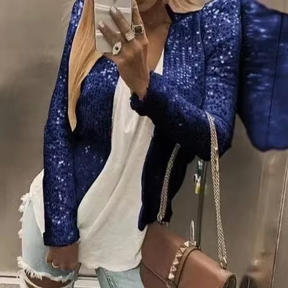 Women Sequin Jackets Glitter Long Sleeve Short Coats Streetwear Elegant Solid Female Tops Female Ladies Office Wear Streetwear