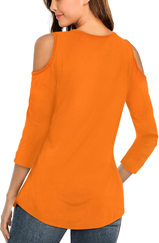 Womens Summer Shirts 3/4 Long Sleeve V Neck Criss Cross Cold Shoulder Tops Blouse