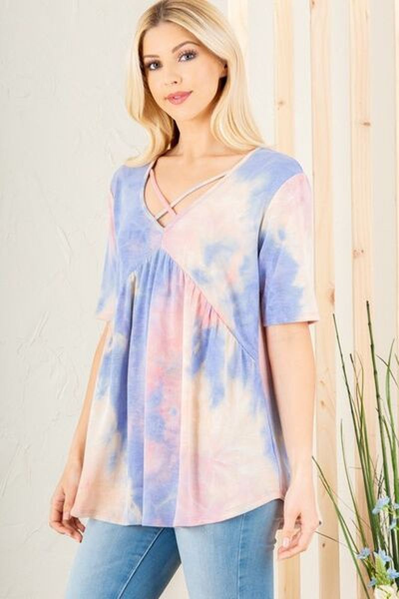 Heimish Full Size Crisscross Tie Dye Babydoll Top plus Size