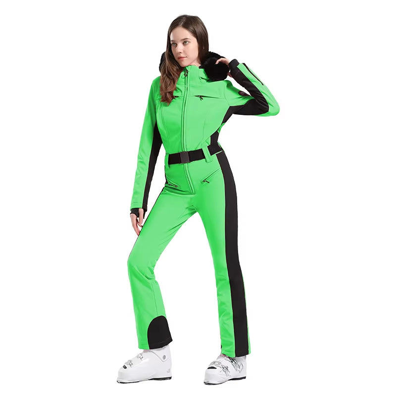 One-Piece Ski Suit Women Thickening Snowboard Female Overalls Winter Windproof Waterproof Breathable Clothing Skiing