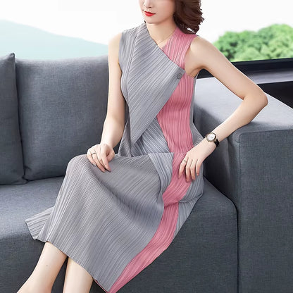 High Quality Miyak Pleated Dress Loose Elegant and Noble Chic Design Dress Comfortable Stitching Contrast Dresses Clothing
