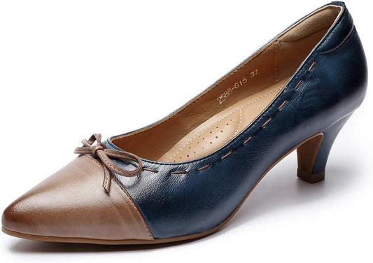 Womens Leather Elegant Pointed Toe Bowknot Pumps Ladies Kitten Heels Dressy Casual Office Work Shoes