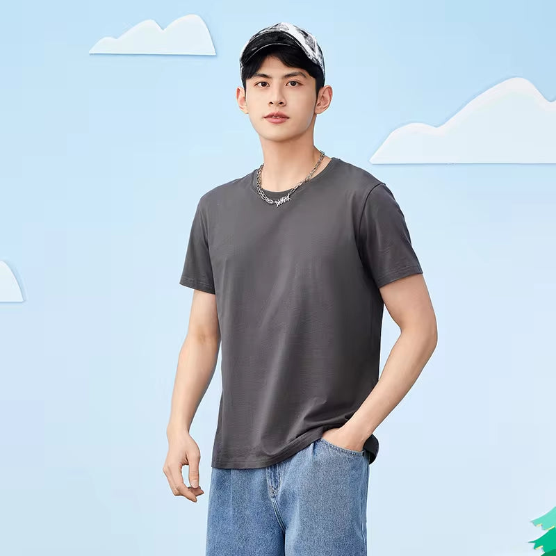 Summer Cotton T Shirts Men 2025 Simple O Neck Stretch Solid New Tops Clothing Casual Tshirt Man Streetwear Cool Tee Shirts