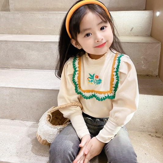 Toddler Girls Long Sleeve Turtle Neck Top Embroidery High Neck Blouse Casual Pullovers Infant Tee Underwear Shirt