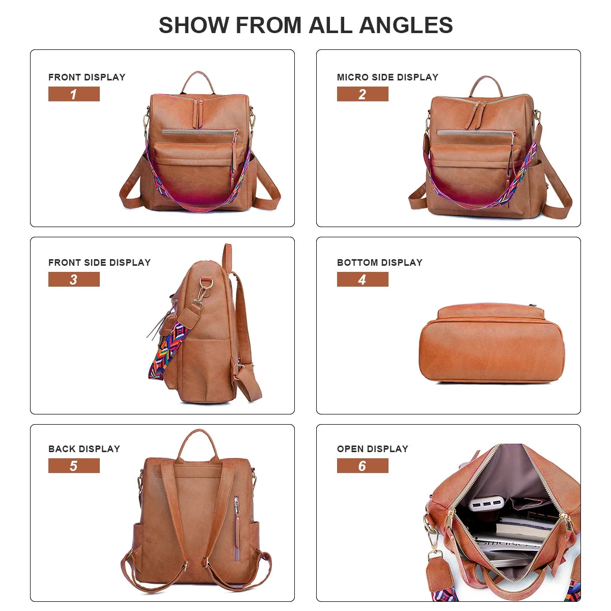 Backpack Purse for Women Fashion Waterproof PU Leather School Backpack Convertible Shoulder Bags Brown