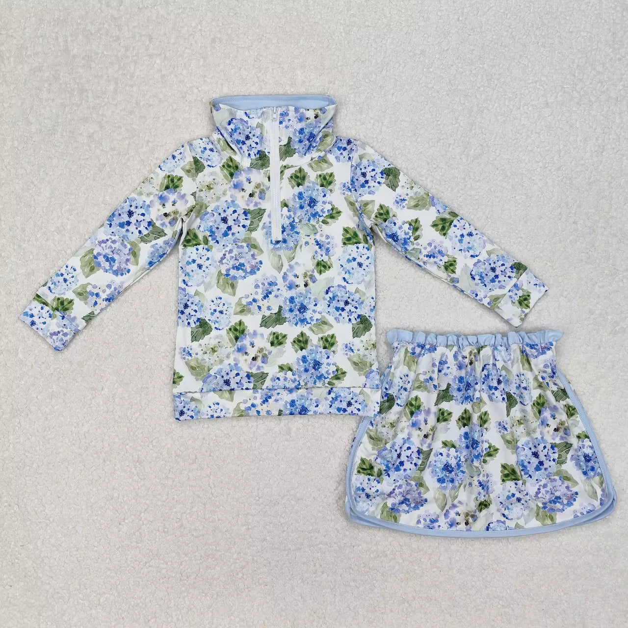 Wholesale Infant Long Sleeves Clothing Blue Flower Shirt Baby Girl Floral Outfit Toddler Skirt Skorts Shorts Children Kids Set