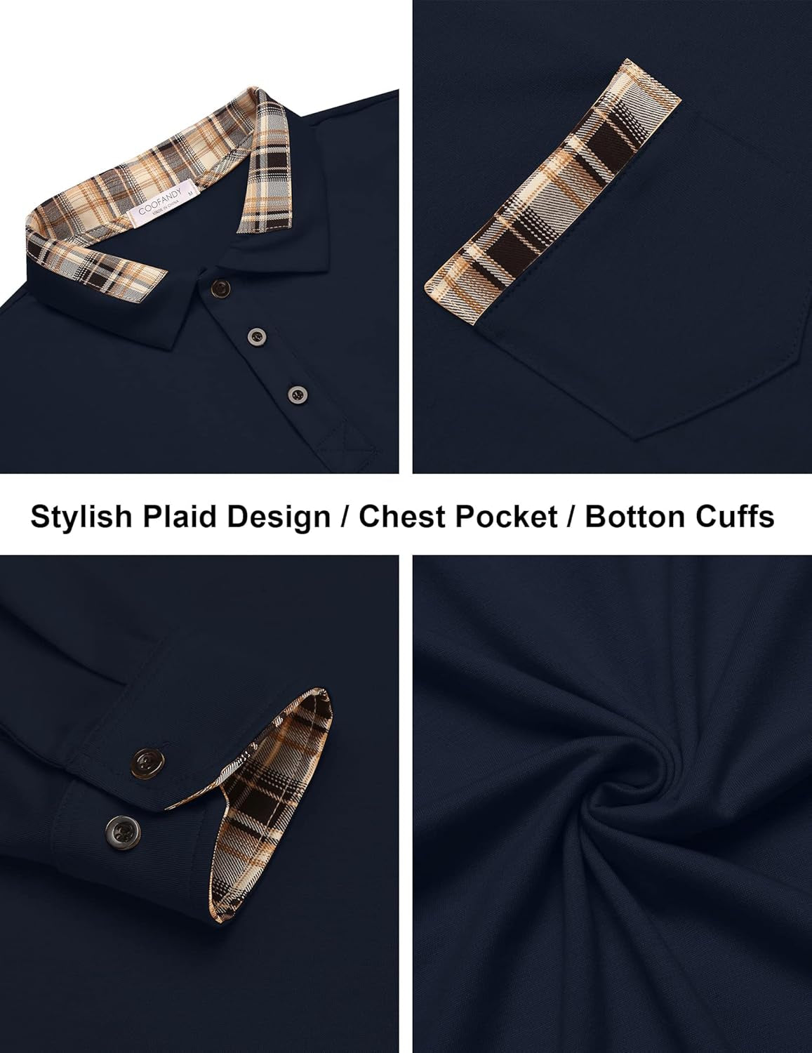 Men'S Casual Polo Shirt Long Sleeve Classic Plaid Button Tees with Pockets