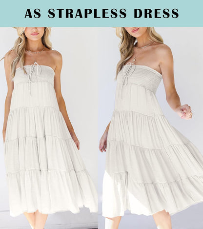 Women'S Summer Flowy Boho Maxi Skirt Trendy Drawstring Elastic High Waist Pleated Tiered a Line Beach Long Skirts