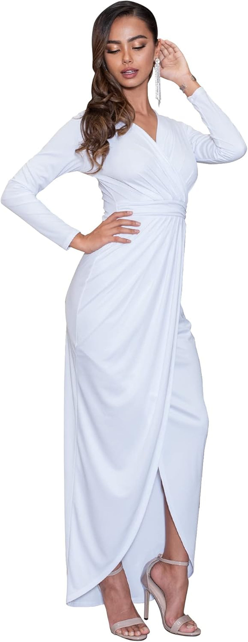 Womens Long Sleeve Formal Wrap Draped Cocktail V-Neck Gown Maxi Dress